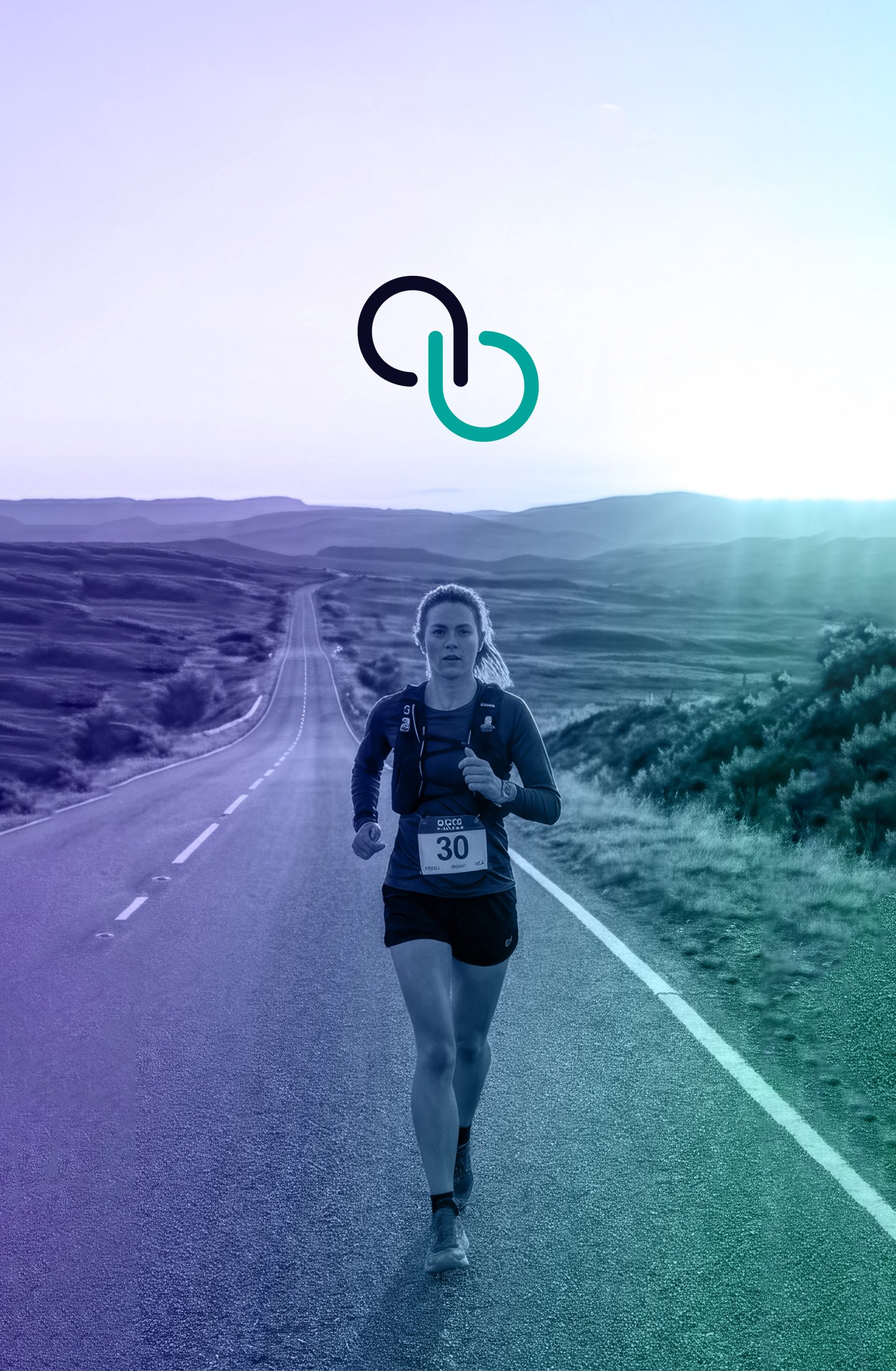 Female runner on an open countryside road with MAIA branding above